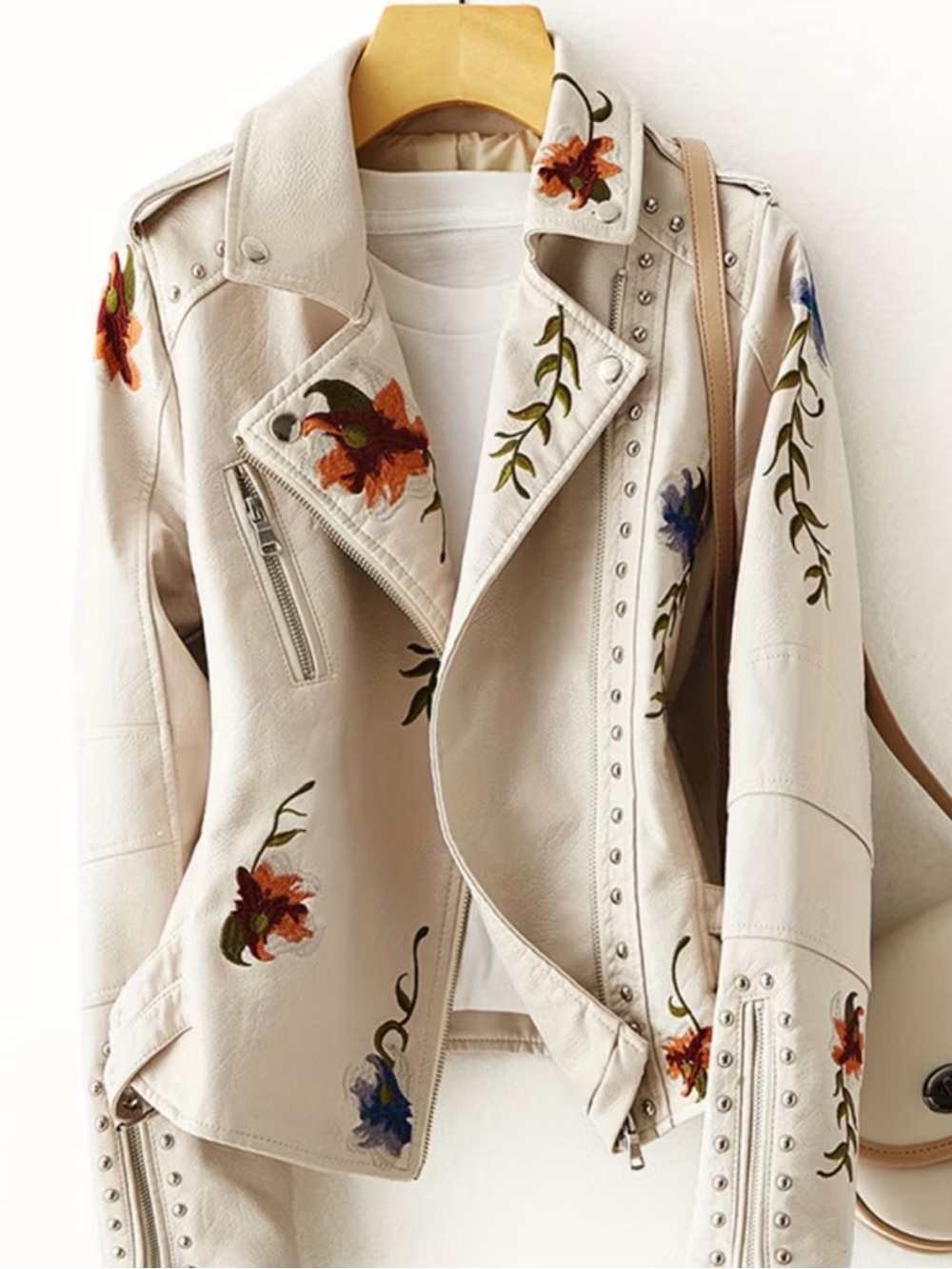 Women Floral Embroidered Moto PU Jacket Coat